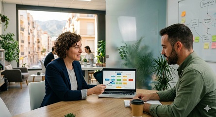 Reunión en una consultoría tecnológica sobre estrategia digital.