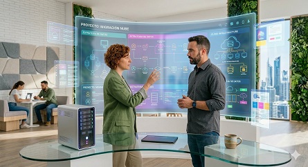Expertos en alojamiento web y migración nube trabajando con interfaces digitales avanzadas.